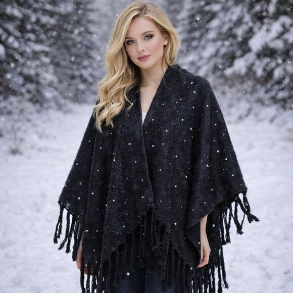 INC International Concepts Accessories - NWT INC International Concepts Women's Embellished Fringe Topper Wrap Black